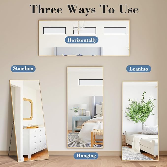 DUMOS Full Length Mirror with Stand 15"x56" Floor Standing Aluminum Frame for Bedroom Body Hanging Leaning Modern Simple Home Decor Shatter-proorf Nano Glass Wall Living Room Cloakroom, Gold