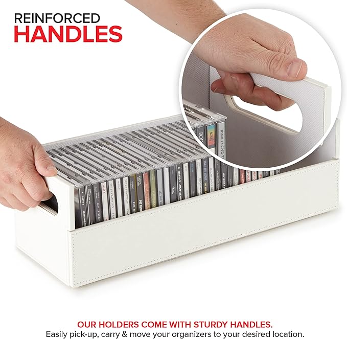 Stock Your Home CD Storage Box, Organizer Shelf for Movie Cases, DVDs, Cassette Tape Display Stand, Disc Holder Can Store Up to 40 CDs, Faux Leather (White)