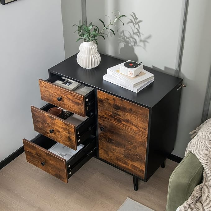 Tangkula Storage Cabinet with 3 Drawers and Door, Industrial Wood Accent Cabinet with Adjustable Shelf, Retro Farmhouse Sideboard Buffet for Kitchen Living Room (Industrial)