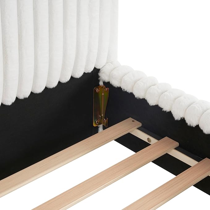 Merax Sleek Boucle Upholstered Bed with Wavy Headboard & Vertical Stitching,King,White
