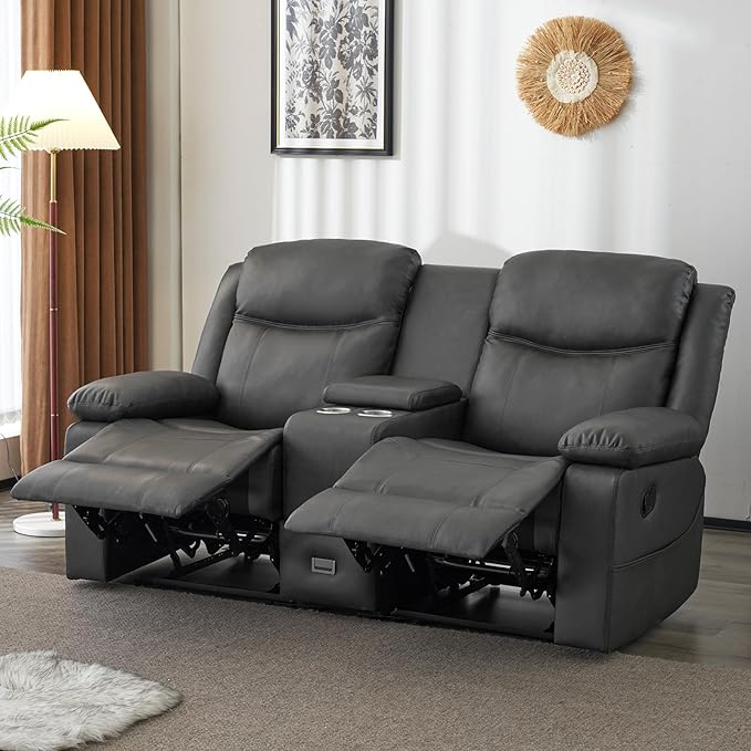 Loveseat Recliner Sofa, PU Leather Sofa Couch, Manual Recliner Loveseat with Console, Double Reclining RV Sofa with Cup Holders and Side Pocket for Living Room/Office/Apartment (Grey) | Heating & Massage, Hidden Drawer