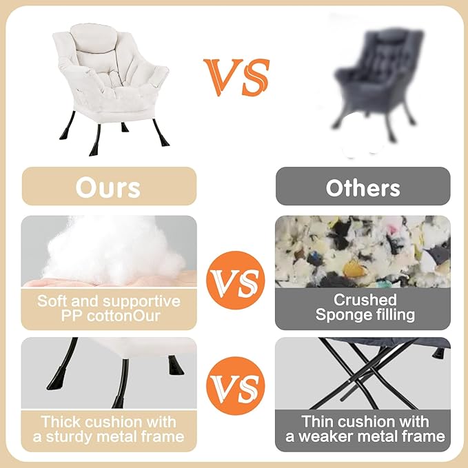 Lazy Chair, Large Accent Chair, Modern Comfy Armchair, Beige Chair for Living Room Bedroom Dorm Room Office Apartment Reading Relaxing Use