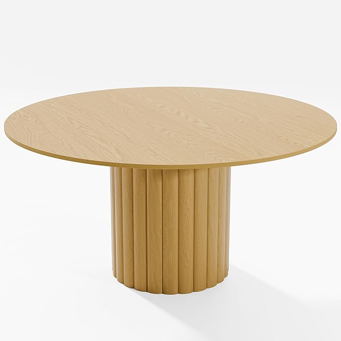 Casaphoria 60" Round Dining Table, Modern Wood Kitchen Table with Cylindrical Wide Bar Protruding Base for Living Room & Dining Room, Easy Assembly Farmhouse Furniture for 4-6, Oak