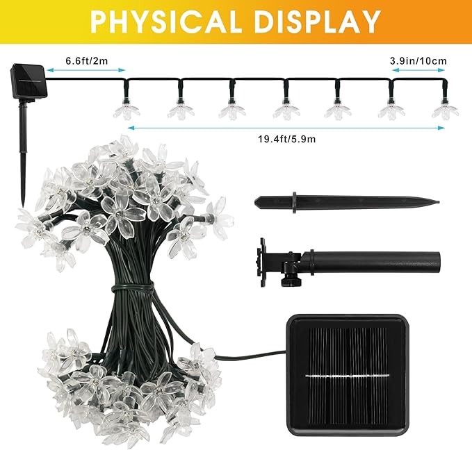 60 LED Solar String Lights Outdoor Waterproof Flower Fairy Lights for Garden Fence Patio Yard Christmas Tree Lawn Wedding Party Decor, Red and Warm White