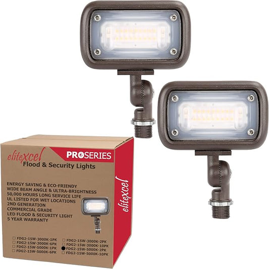 Backyard Lights Outdoor Security, EliteXcel Gen2 15W UL Listed Landscape Lights, 1500Lumen LED Flood Flagpole Light Outdoor Waterproof, 5000K Daylight, 1/2" Knuckle Mount, 120-277V and 5 Year Warranty