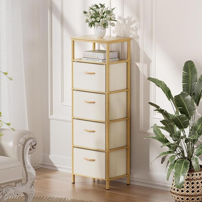 Bamboo Tall Skinny Dresser, Small Space Storage Narrow Dresser, 4 Large Water-Resistant Fabric Drawers, Small Dressers, for Bedrooms, Living Rooms, Hallways