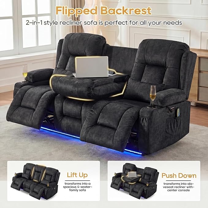 IPKIG Power Recliner Sofa with Flip-Up Backrest Console, USB & USB-C Ports, AC Outlet, LED Lights, Wall Hugger Recliners for Living Room, RV (Drak Grey, 76.8" - 3 Seat) | Velvet Fabirc, Zero Gravity, Dual Reclining, 2 Lumabr Pillow