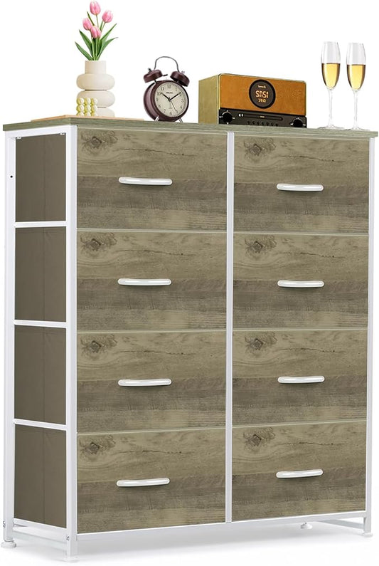 8-Drawer Dresser for Bedroom, Anti-Tip Tall Storage Organizer Chest of Drawers with Wooden Top and Metal Frame Fabric Bins for Closet, Living Room, Hallway, Entryway, Greige Oak