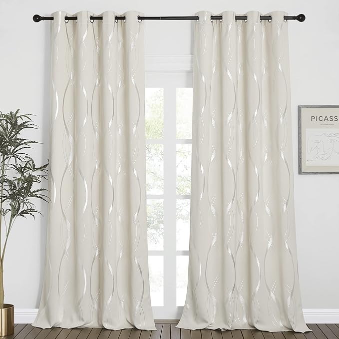NICETOWN Extra Long Blackout Curtains for Large Window, Beige, 2 Panels, 52 inches by 102 inches, Foil Printed Wave Lines Energy Saving Thermal Insulated Draperies for Kids Nursery Boys Adult Bedroom