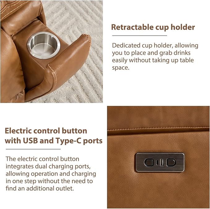 CANMOV Genuine Leather Power Recliner Sofa Set,Two Power Recliner Chair and Sofa Set, 3 Pieces Leather Couch with Hidden Cup Holders, USB Ports, for Living Room, Brown