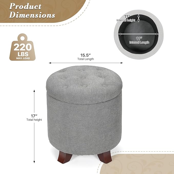Athena Collection 15 Inch Small Ottoman with Storage, Round Linen Fabric Storage Ottoman Foot Rest with Removable Lid, Multipurpose Footstool Footrest for Living Room, Bedroom, Dorm, Grey