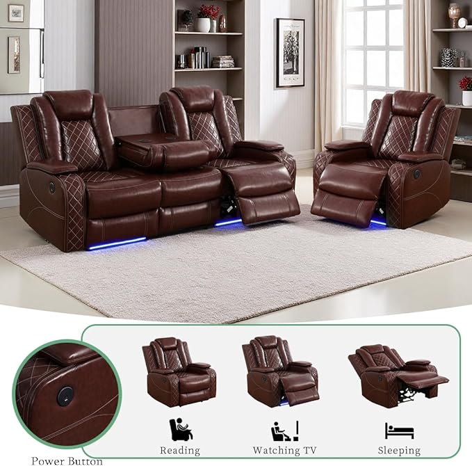 Power Reclining Sofa Sets, Living Room Sofa Sets, Breathing Leather Power Recliner Sofa,Chair with 3 Recliner Seats/Storage Console/LED Light for Living Room(Brown, S+C) ﻿