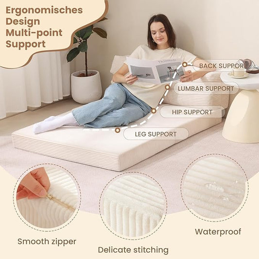 JUIKURY Folding Sofa Bed, Convertible Sleeper Chair with Pilow Foldable Matress, 2 in 1 Pull Out Loveseat Sofa Portable Fold Out Chair Bed Floor Couch Lounge for Living Room (Beige, Queen-61Inch)
