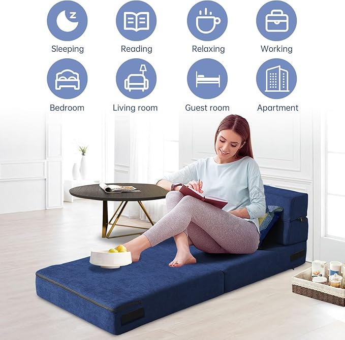 Nigoone Folding Sofa Bed with Pillow Memory Foam Convertible Sleeper Chair Bed Couch Futon Lazy for Living Room Home Office Guest Beds Apartment Upstairs Loft, Single Size, Dark Blue