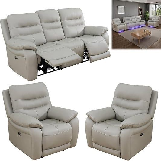 Power Reclining Sofa Set, Genuine Leather Recliner Sofa Set,Living Room Furniture Setwith USB Charging and LED Lights,for Living Room/Apartment/Office/Home Theather,Light Grey,2C+S