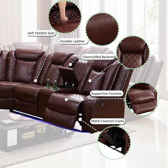 Power Recliner Sectional Sofa Set with LED, Luxury Breathing Leather Reclining Corner Couch Set, 9 Seat L-Shaped Sofa Couch Set with 3 Seats Sofa, Cup Holders/Storage for Living Room