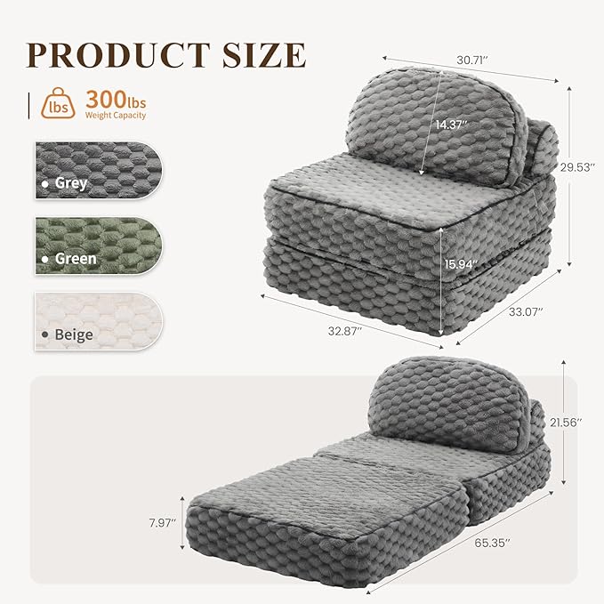 MALOL Folding Sofa Bed, 3-in-1 Convertible Sleeper Chairs with Pillow,Back Support, Fuzzy Fabric Floor Couch Bed for Adults, Boneless Couches Living Room, Bedroom, Apartment, Grey