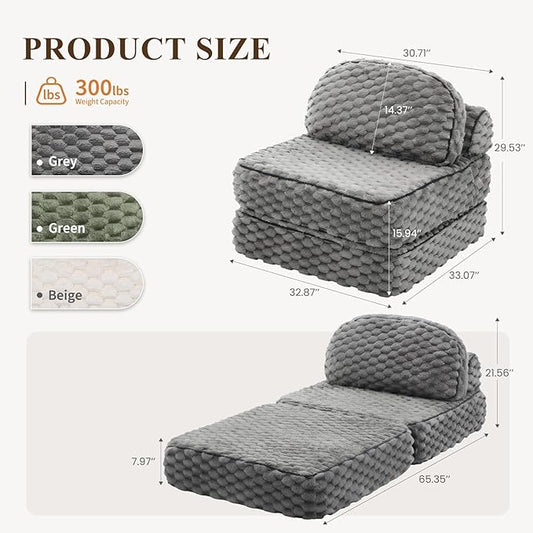 MALOL Folding Sofa Bed, 3-in-1 Convertible Sleeper Chairs with Pillow,Back Support, Fuzzy Fabric Floor Couch Bed for Adults, Boneless Couches Living Room, Bedroom, Apartment, Grey