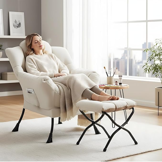 Lazy Chair with Ottoman, Comfy Fabric Accent Lounge Arm Chair with Lumbar Pillow and Folding Footrest, Reading Leisure Sofa Chair for Bedroom, Living Room, Dorm,Beige