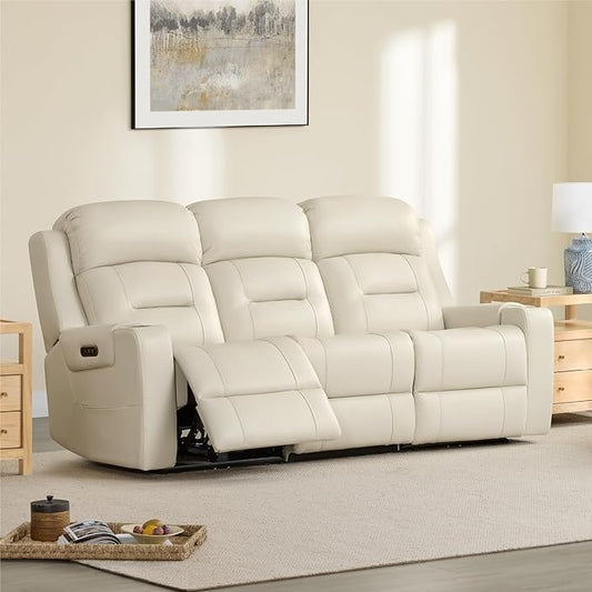 Watson & Whitely Genuine Leather Power Loveseat and Recliner Sofa Set, Lay Flat Reclining Couch with Console, Power Headrest, USB & Wireless Charging, Cup Holders for Living Room, Cream