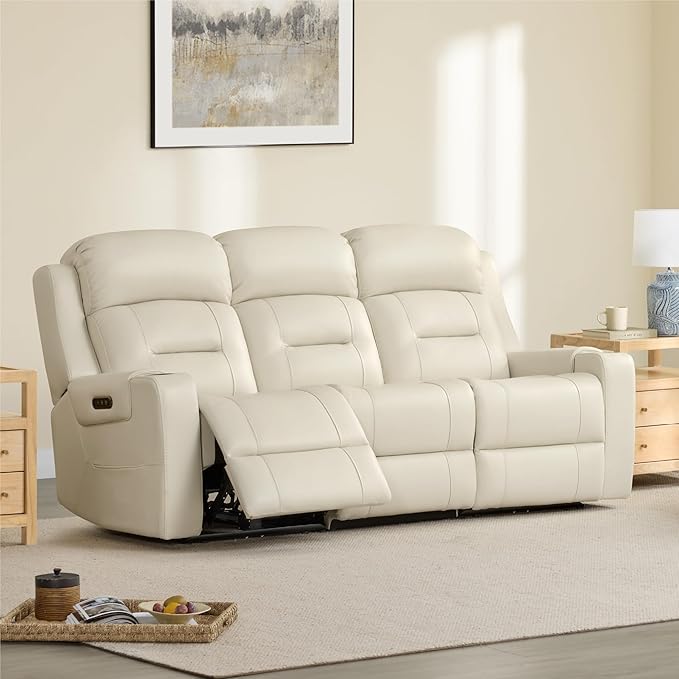 Watson & Whitely Genuine Leather Power Reclining Sofa, 3-Seater Lay Flat Recliner Sofa with Power Headrest, Cup Holders, USB & Type-C Ports, Electric Reclining Couch for Living Room, Cream