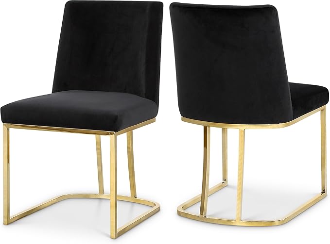 Meridian Furniture Heidi Collection Modern | Contemporary Velvet Upholstered Dining Chair with Polished Gold Metal Frame, Set of 2, 19" W x 23" D x 32" H, Black