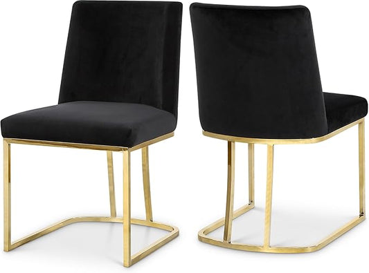 Meridian Furniture Heidi Collection Modern | Contemporary Velvet Upholstered Dining Chair with Polished Gold Metal Frame, Set of 2, 19" W x 23" D x 32" H, Black