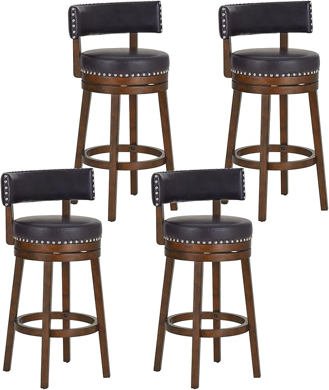 COLAMY Swivel Bar Stools Set of 4, 30 Inch Swivel Counter Height Stools, Modern Upholstered Wooden Barstools with Back for Kitchen Island Dining Room Bar, Dark Brown