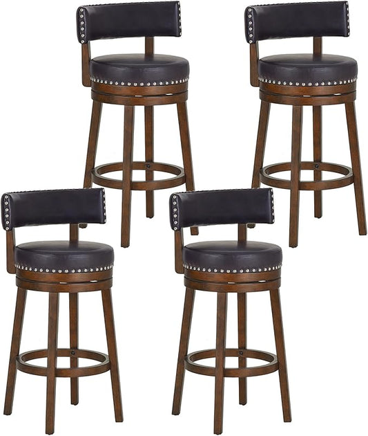COLAMY Swivel Bar Stools Set of 4, 30 Inch Swivel Counter Height Stools, Modern Upholstered Wooden Barstools with Back for Kitchen Island Dining Room Bar, Dark Brown