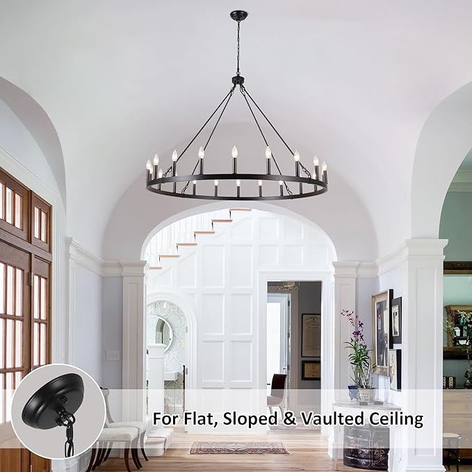 47.2 inches Black Wagon Wheel Chandelier- 20 Light Large Farmhouse Chandelier Industrial Rustic Dining Room Light Fixture Round High Ceiling Pendant Light for Living Room Entryway Foyer