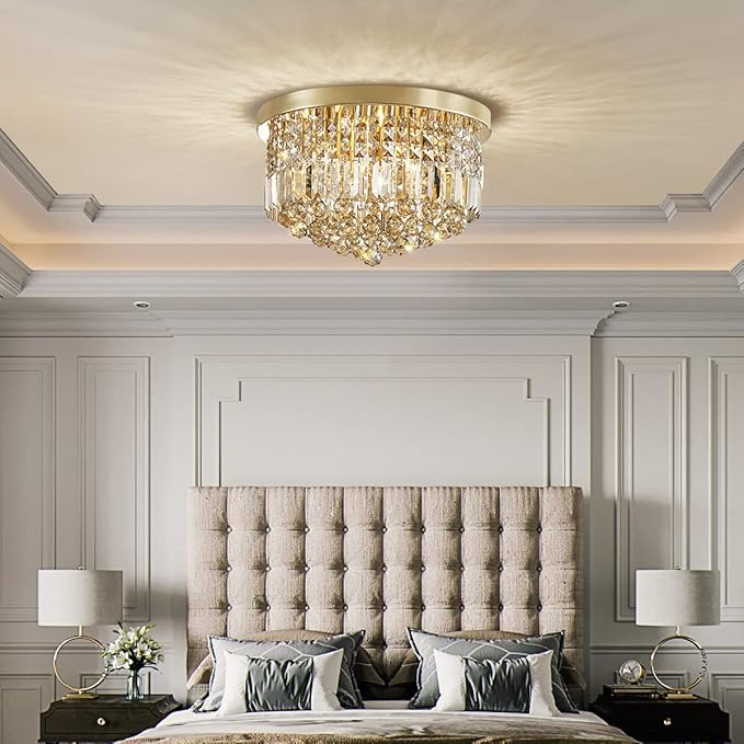 Saint Mossi 9 Light Modern K9 Crystal Raindrop Chandelier Lighting, Flush Mount, Perfect for Dining Room Bedroom; E12 Bulb Base; Height 11" x Diameter 20"; Champagne Crystal & Gold Finish