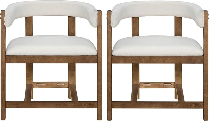 Christopher Knight Home Set of 2 Arley Modern Fabric Upholstered Dining Armchair, Sturdy Wooden Kitchen Side Chair with Ergonomic Backrest and Footrest, Soft Padded Barrel Accent Chair, Beige+Walnut