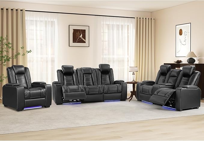 ANJ Power Recliner Sofa Set, Faux Leather Reclining Living Room Furniture Set, Included Recliner Chair,Reclining Loveseat and 3 Seat Recline Sofa