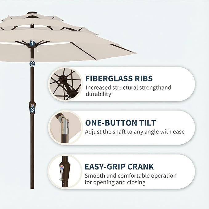PatioKingdom 9ft 3-Tier Patio Market Umbrella with Crank/Tilt, Commercial Heavy Duty Wind Proof,Outdoor Table Umbrella with 8 Fiberglass Ribs,UPF50+ for Deck,Pool,Garden,Backyard (Creamy-white)