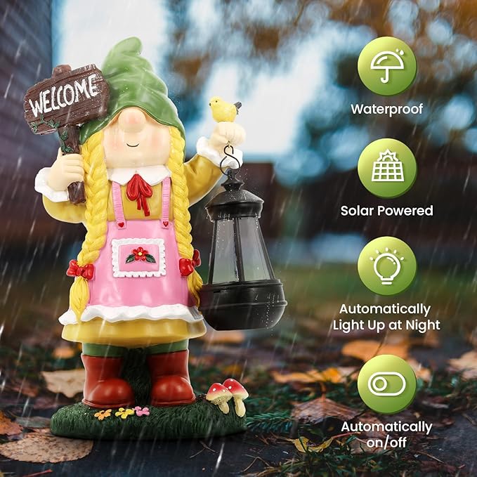 Solar Garden Gnome Outdoor Decor - Solar Garden Gnomes Outdoor Statues - Solar Gilrs Gnomes Decorations for Outside - Large Welcome Garden Gnomes Figurine - Unique Birthday Housewarming Gifts