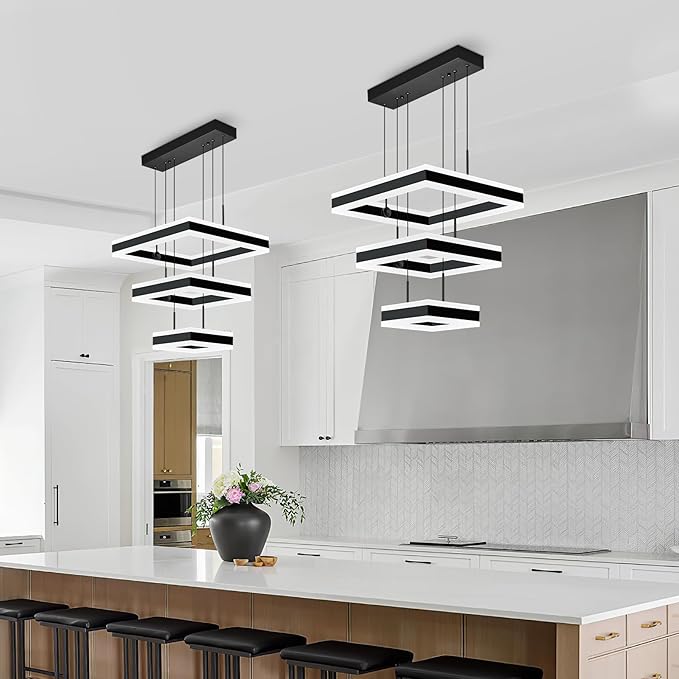 Modern Black Chandelier Foyer Ceiling Chandeliers 90W Dimmable LED Pendant Light Dining Room Light Fixture 3 Rings Square Chandelier for Kitchen Island Living Room Bedroom Hallway