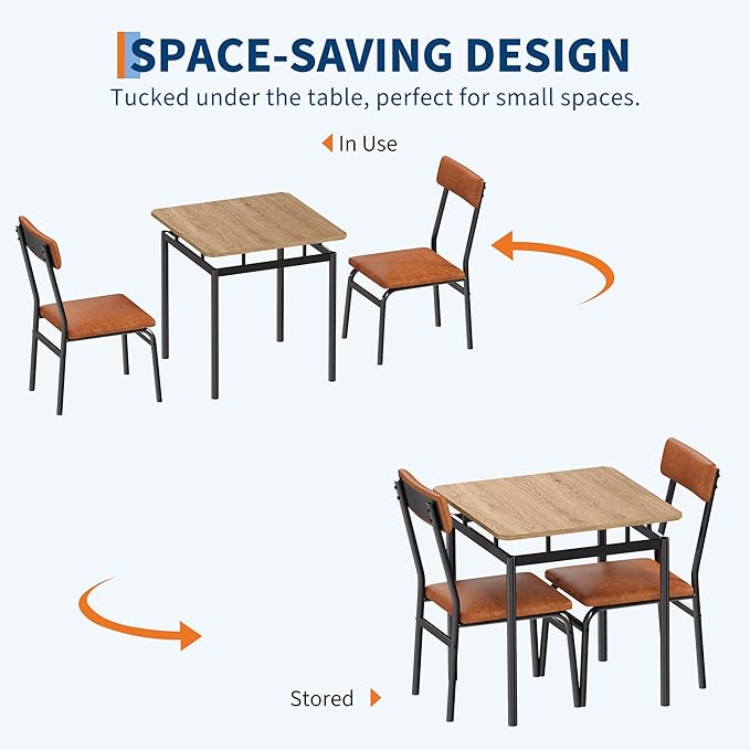 Garvee 3 Piece Dining Table Set, Kitchen Table Set for 2 with 2 PU Upholstered Chair, Industrial Metal Frame Dinette Set for Small Space, Dining Room, Apartment, Studio, Brown