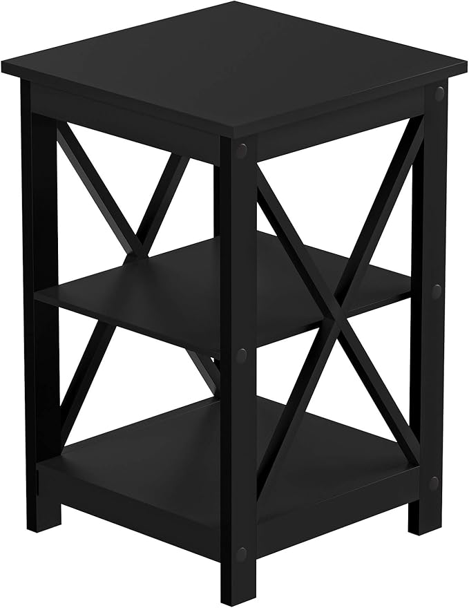Wooden End Table - Modern Style Sofa Side Table with X-Shape Design and Two Shelves - For Living Room or Bedroom by Lavish Home (Black)