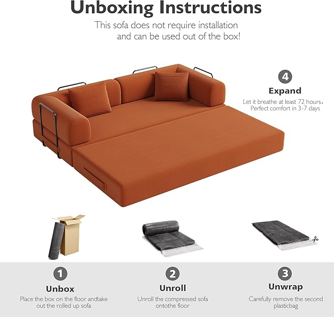 79in Convertible Sofa Bed, Corduroy Boneless Couch Bed, Futon Sleeper Sofa Pull Out Bed, Foldable Couch for Living Room Apartment, No Assembly Required