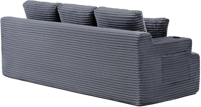 Eafurn Floor Loveseat Boneless Sofa Couch in a Box with Cup Holder and Side Pockets, 3 Seater Comfy Corduroy Upholstered Foam Couch with Deep Seating for Living Room,No Assembly | Breathable material, Cupholders