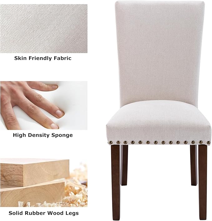 COLAMY Upholstered Dining Chairs Set of 6, Parsons Style Side Chairs with Nailhead Trim and Solid Wood Legs, Comfortable Linen Fabric for Kitchen & Dining Room – Beige
