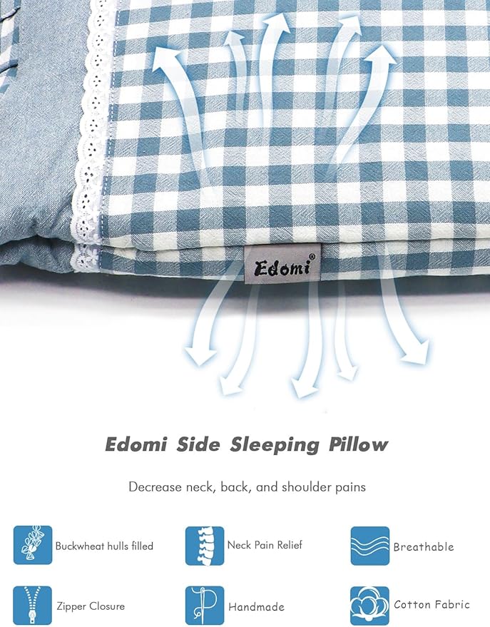 Upgrade Buckwheat Hull Pillow, Small Size Cervical Neck Pillow with Pillowcase, Back Support for Side Sleeper Sleeping or As a Neck Pain Pillows(20x11 Inches, Blue)