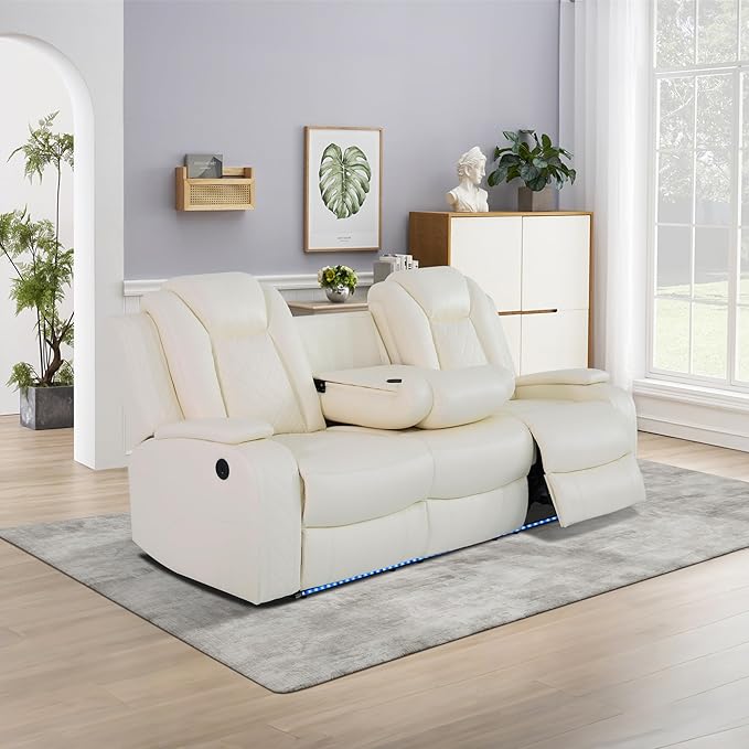 Breathing Leather Power Reclining Sofa, Living Room Furniture with 2 Recliners, 3 Seater Leather Couch with Flip-Down Table/USB Charging for Office/Home Theater (Creamy White, 3-Seat Sofa)
