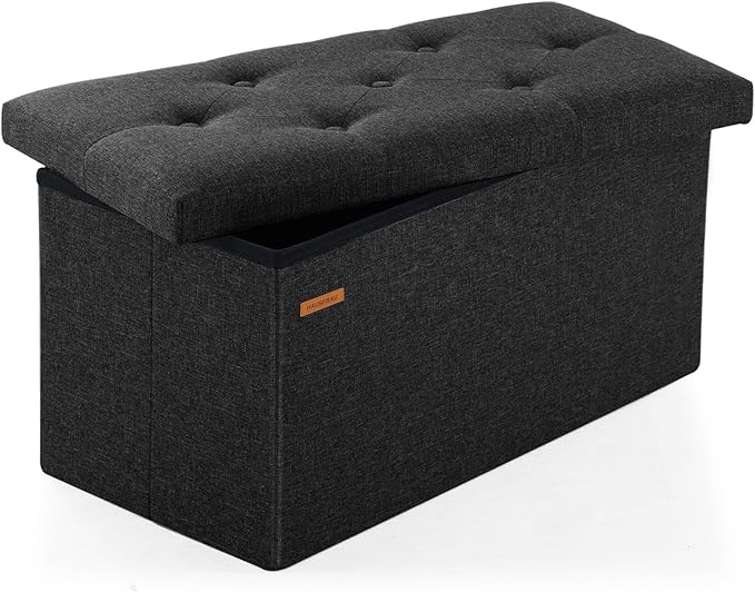 HAUSFRAU - Storage Ottoman Bench, 30 Inches Button Tufted Upholstered Ottoman Footstool with Storage for Living Room Bedroom Entryway, Load 660 lb, Linen Black