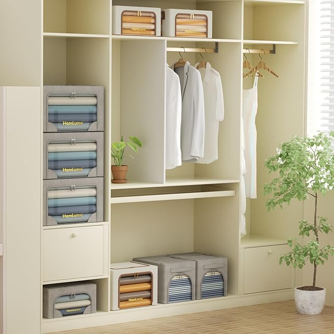 3 Packs Storage Boxes for Clothes Collapsible Storage Bins with Cedar Wood Piece, Linen with Metal Supports and Durable Handles Metal Storage box,Clear Window with Zippers (Light Grey,36L)