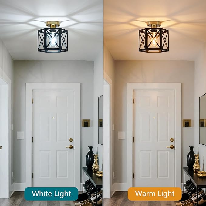 Black Gold Flush Mount Ceiling Light Fixtures, Farmhouse Ceiling Lights with Hexagonal Metal Cage, Modern Close to Ceiling Lamp, Small Chandelier for Kitchen Hallway Porch Bedroom, 2 Pack