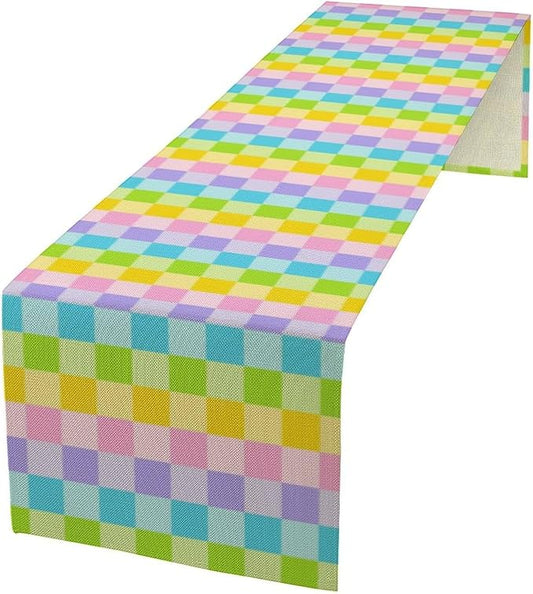 Boho Hippie Table Runner Rainbow Geometric Square Table Runner Retro Country Dinner Runner for Living Room Kitchen Party Holiday Dinner Home Decor Yellow Pink Blue 13x120in