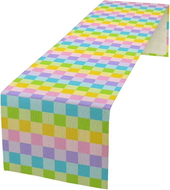 Boho Hippie Table Runner Rainbow Geometric Square Table Runner Retro Country Dinner Runner for Living Room Kitchen Party Holiday Dinner Home Decor Yellow Pink Blue 13x108in