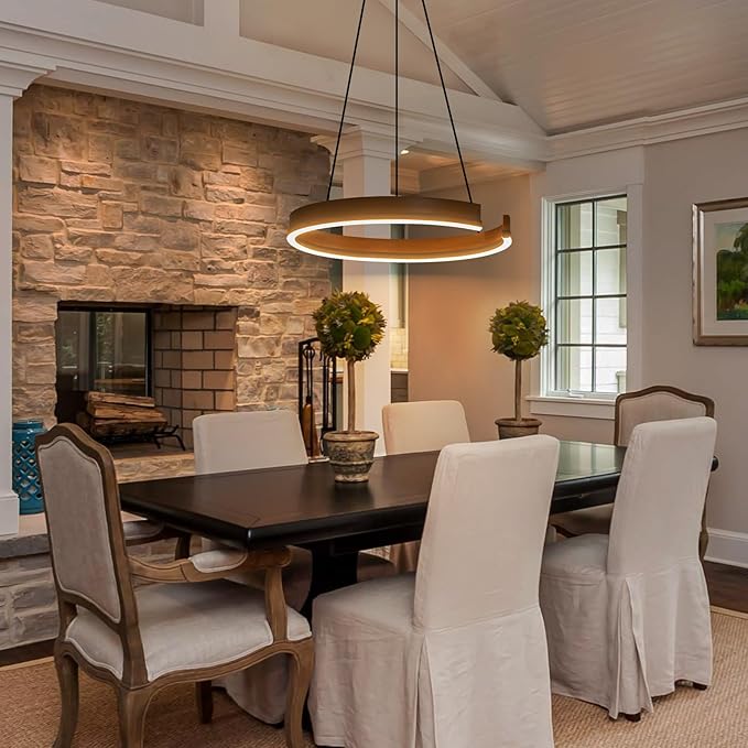 Modern Wood Chandelier, 24" Dimmable Round LED Chandelier Farmhouse Walnut Color Dining Room Light Fixtures for Entryway Kitchen Foyer