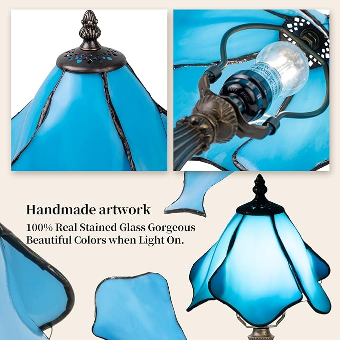 Tiffany Table Lamp,3 Color-Temperature Flowers Stained Glass Lamp,8 Inch Tiffany Style Lamp for Bedroom Living Room Home, Handcrafted Light, Included Bulb (Blue)